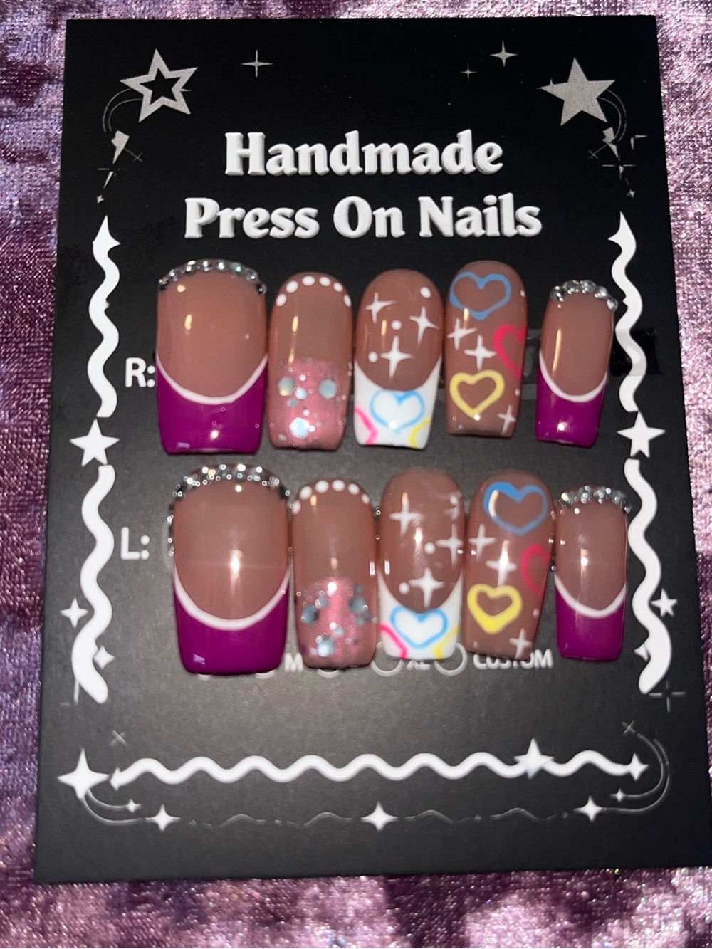 Handmade Press-On Nails - Pink Heart & Sparkle Design